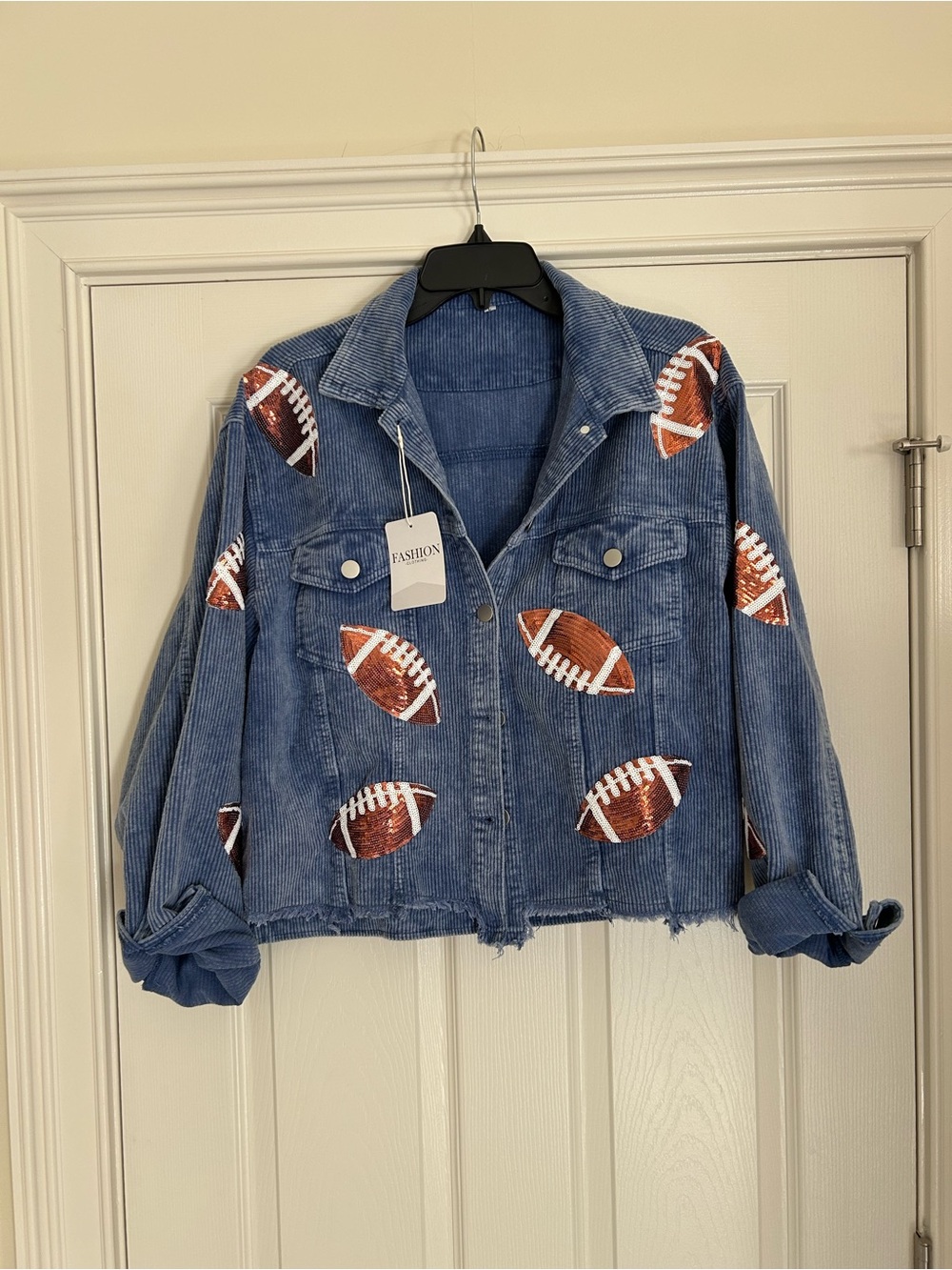 Womens Blue Denim Football Patch Jacket